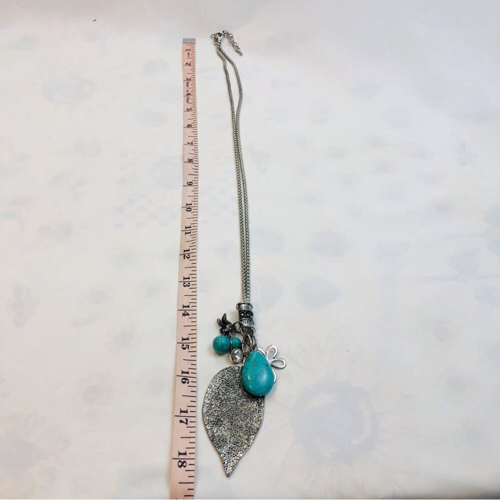Trendy Long Necklace Faux Silver Turquoise Charms - Picture 9 of 16
